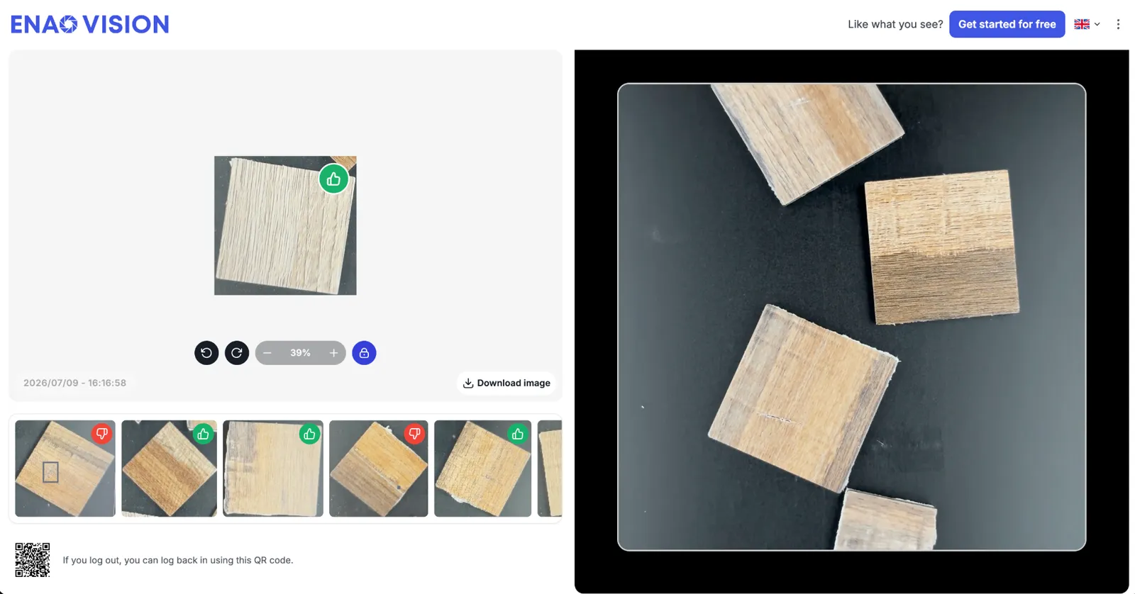 Enao Vision live demo interface showing AI inspection of wooden tiles in a video