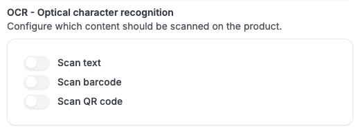 OCR settings panel with toggles for scan text, scan barcode and scan QR code