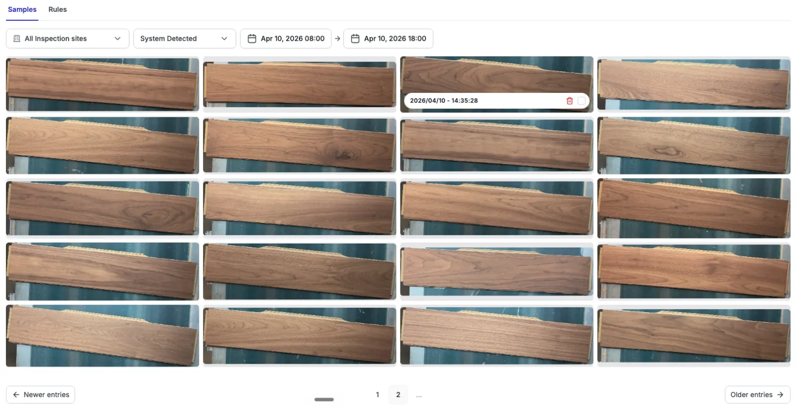 Gallery of timestamped product sample photos captured automatically from the line