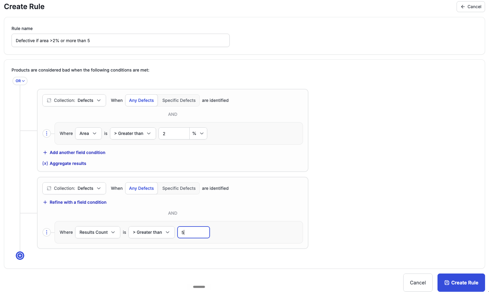 Quality rule builder defining defective products by area and defect count conditions